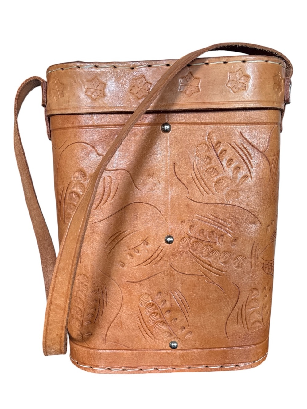 VTG Hand-Tooled Tan Leather Bucket Bag